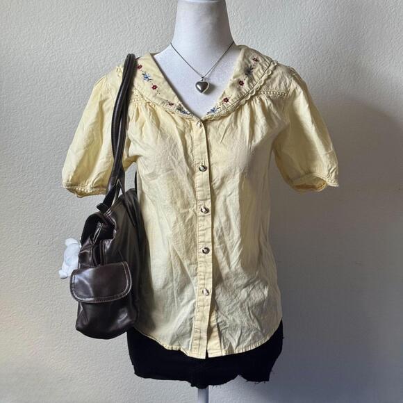 simple retro Tops - vintage butter yellow embroidered floral trim and lace trim blouse
